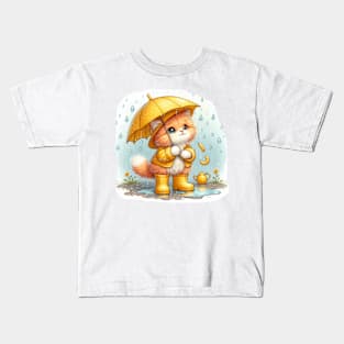 Cute cat in rain boots with umbrella Kids T-Shirt